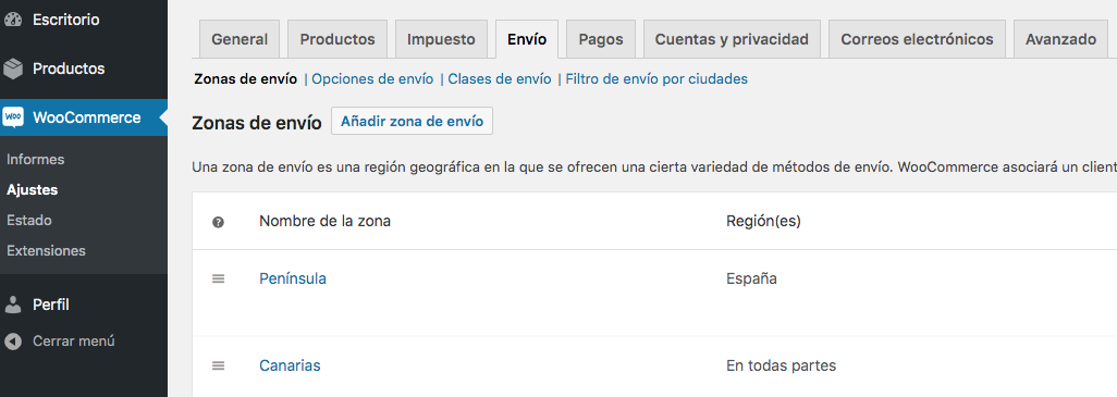 zonas de envío woocommerce