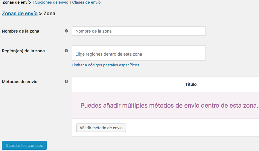 métodos de envío woocommerce