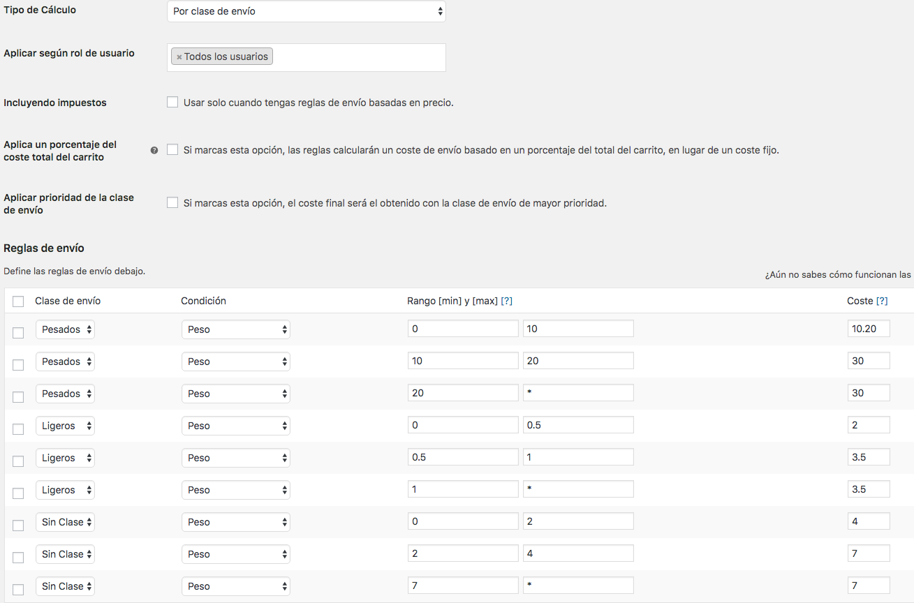 Configurar clases de envío WooCommerce